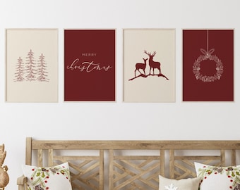 Christmas prints. Minimalist set of 4 prints. Gallery Set Merry Christmas decorations. Xmas Printable Home Decor. Dark Red. DIGITAL DOWNLOAD