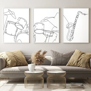 Set of 3 Music Prints. Minimalist Saxophone and Drum Line Drawing, Tenor Instrument Wall Art, Black and White Music Band. DIGITAL DOWNLOAD