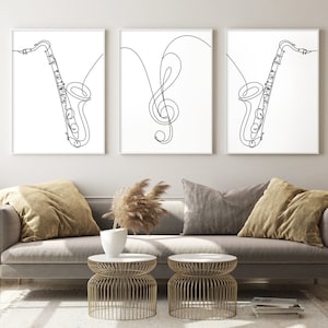 Saxophones Print. Set of 3 Music Prints. Minimalist Saxophone Line Drawing, Tenor Instrument Wall Art, Black and White. DIGITAL DOWNLOAD