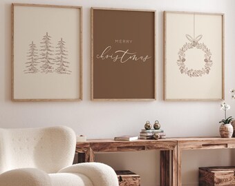 Minimalist set of 3 Christmas prints. Gallery Set Merry Christmas decorations. Xmas Printable Home Decor. Brown and Beige. DIGITAL DOWNLOAD