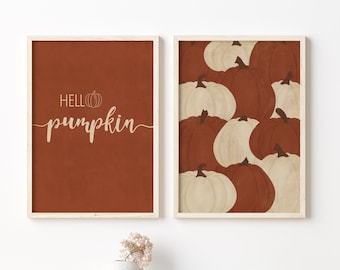 Hello Pumpkin Fall Set of 2 Prints, Fall Printable Wall Art, Rustic Fall Wall art, Rust orange, Autumn Print, Fall sayings. DIGITAL DOWNLOAD