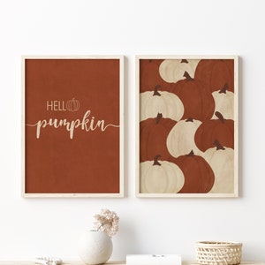 Hello Pumpkin Fall Set of 2 Prints, Fall Printable Wall Art, Rustic Fall Wall art, Rust orange, Autumn Print, Fall sayings. DIGITAL DOWNLOAD