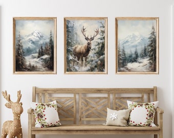 Christmas Deer Winter Landscape set of 3 Prints Gallery Wall Prints SET Christmas Vintage Style Prints Rustic Winter Wall Art Xmas print