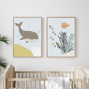 Sea life nursery set of 2 . Under the sea wall art. Ocean posters. Whale printable. Modern Baby wall art. Nursery decor. DIGITAL DOWNLOAD