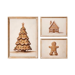 Conjunto de 3 impresiones navideñas de pan de jengibre, arte mural navideño vintage, pintura al óleo de pan de jengibre, imprimible, galería de arte mural navideño para guardería.