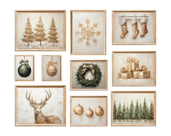 May include: A collection of framed Christmas-themed art prints. The prints feature gold and green ornaments, a snowflake, a wreath, a deer, Christmas trees, and wrapped gifts. The artwork has a textured, painted appearance with a neutral color palette.