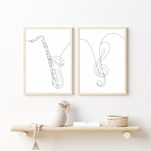 Music Set of 2 prints. Saxophone, Treble clef print. Minimalist Line Drawing, Tenor Instrument Wall Art, Black and White. DIGITAL DOWNLOAD