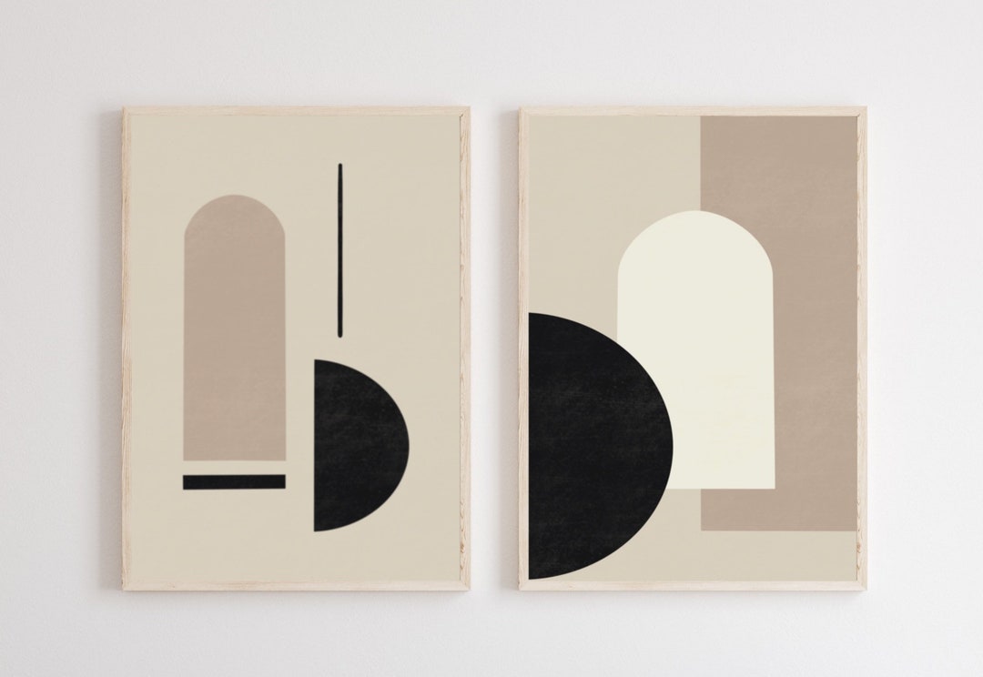 Mid Century Modern Wall Art Set of 2, Neutral Abstract Geometric ...
