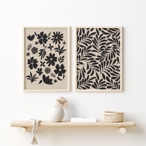 Black and Beige set of 2 prints. Flower Printable wall art, Floral Illustration, Botanical Print, Modern Printable Art. DIGITAL DOWNLOAD