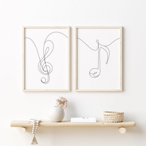 Juego de 2 notas musicales. Impresión de clave de sol y corchea. Dibujo lineal minimalista, impresión musical para pared, blanco y negro. Descarga digital.
