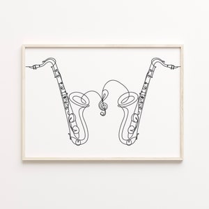 Saxophones Print. Minimalist Saxophone Line Drawing, Tenor Instrument Wall Art Print, Music Poster Prints, Black and White. DIGITAL DOWNLOAD