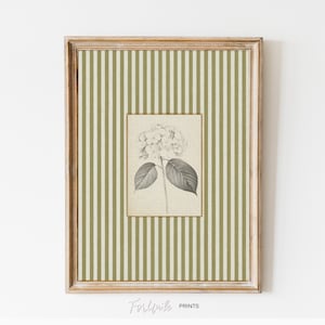 May include: A framed botanical print with a grayscale hydrangea flower illustration. The background has vertical olive green and cream stripes, within a wooden frame. The print includes the text "ForUplink PRINTS" at the bottom, a decorative piece for any home.