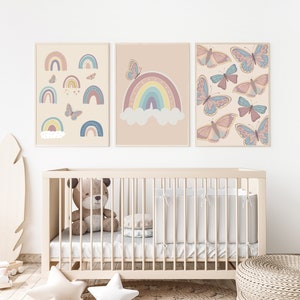 Rainbows and Butterflies set of 3 prints, girl&#39;s room decor, modern printable art, nursery print, pastel colors wall decor. DIGITAL DOWNLOAD