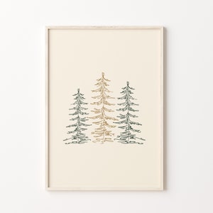 Puede incluir: Una impresi&oacute;n enmarcada con un dibujo minimalista de tres pinos en tonos verdes y marrones.