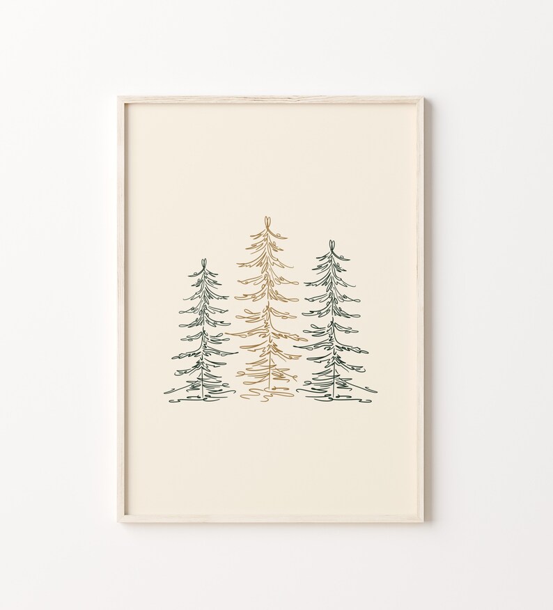Puede incluir: Una impresi&oacute;n enmarcada con un dibujo minimalista de tres pinos en tonos verdes y marrones.