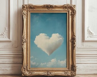 Valentines Day Wall Art. Dreamy Heart shaped Cloud Art Print. Oil Painting Love Cloud Heart Print. Valentine PRINTABLE. Instant Download.