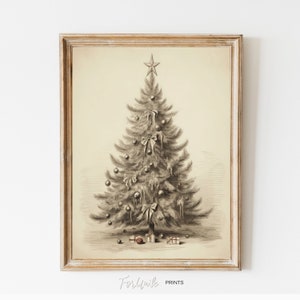 Minimalist Christmas Tree Wall Art Sketch. Neutral Holiday Decor. Christmas Vintage Style Print. Rustic Wall Art Xmas Print DIGITAL DOWNLOAD