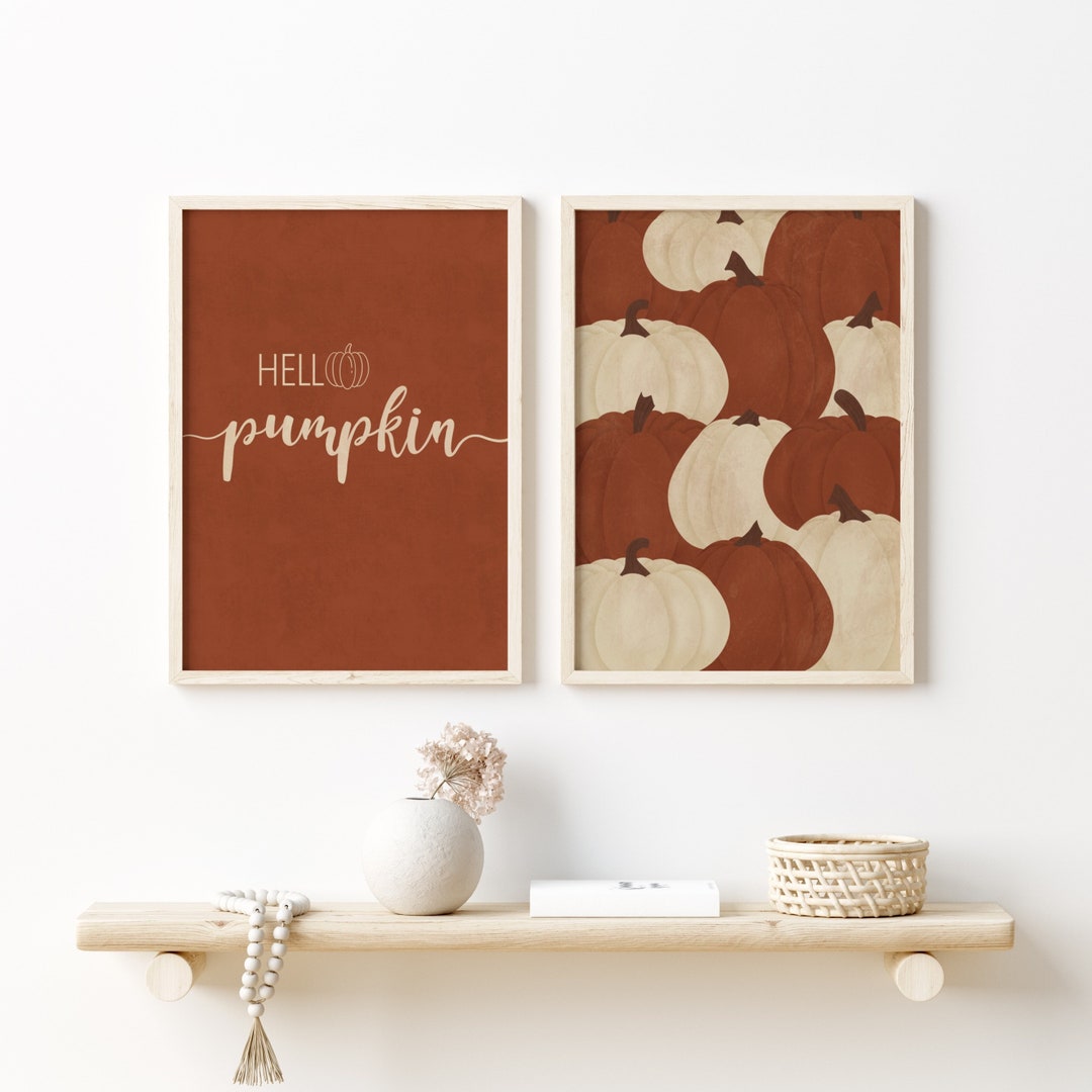 Hello Pumpkin Fall Set of 2 Prints, Fall Printable Wall Art, Rustic ...