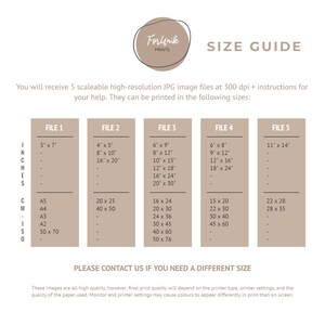 Puede incluir: Una gu&iacute;a de tallas para impresiones de arte imprimibles. La gu&iacute;a muestra cinco tama&ntilde;os de archivo diferentes en pulgadas y cent&iacute;metros, con tama&ntilde;os de impresi&oacute;n correspondientes en pulgadas. El texto "PLEASE CONTACT US IF YOU NEED A DIFFERENT SIZE" est&aacute; en la parte inferior de la gu&iacute;a.
