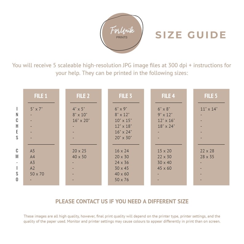 Puede incluir: Una gu&iacute;a de tallas para impresiones de arte imprimibles. La gu&iacute;a muestra cinco tama&ntilde;os de archivo diferentes en pulgadas y cent&iacute;metros, con tama&ntilde;os de impresi&oacute;n correspondientes en pulgadas. El texto "PLEASE CONTACT US IF YOU NEED A DIFFERENT SIZE" est&aacute; en la parte inferior de la gu&iacute;a.