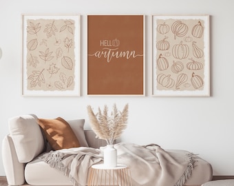 Minimalist Fall Set of 3 Prints.  Autumn Wall Art Set. Pumpkins Line Art. Rustic Fall Poster, Rust orange Fall Decor - DIGITAL DOWNLOAD