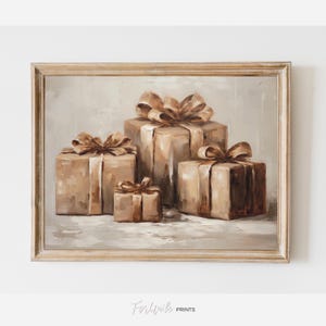 Decoración navideña de pared imprimible, pintura al óleo, impresión de regalos navideños en bronce, decoración navideña dorada, arte de pared vintage para decorar las fiestas.
