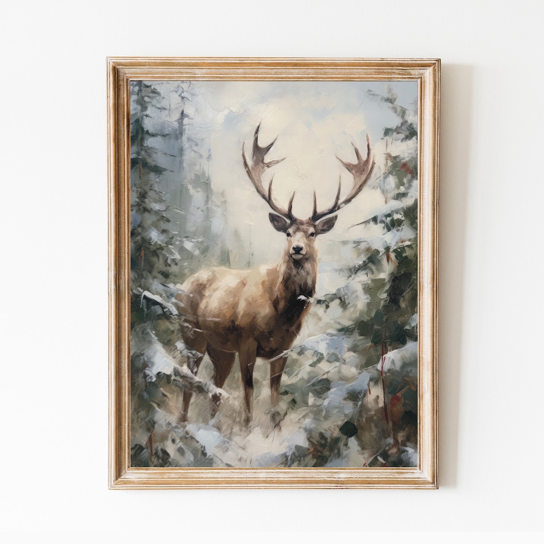 Vintage Deer Winter Print. Christmas Vintage Style Print. Reindeer ...
