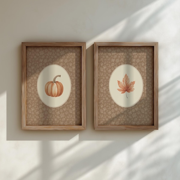 Fall Set of 2 Prints, Autumn leaves Pumpkin Printable Art, Mocha Mousse Prints, Cottagecore Decor Vintage Floral Wall Art, DIGITAL DOWNLOAD