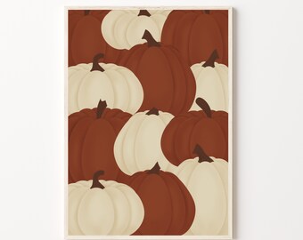 May include: A digital illustration of a pattern of white and orange pumpkins. The pumpkins are arranged in a random pattern, with some overlapping.