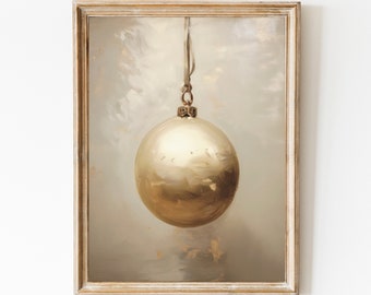 Tryck av gyllene julgransprydnad. Guld juldekor. Oljemålning, julutskrivbar väggkonst. Jultryck i vintagestil. Digitalt