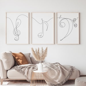 Musical Notes Set of 3. Treble clef, Eighth Note and Bass clef. Minimalist Line Drawing, Music Wall Art Print, Black White. DIGITAL DOWNLOAD