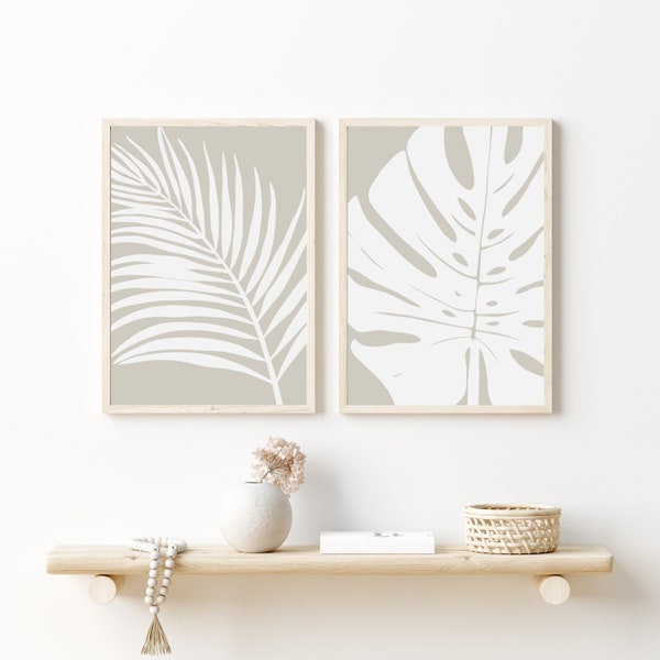 Botanical set of 2 Prints. Tropical Wall Art. Leaves Prints. Monstera Leaf Print. Palm Leaf Wall Art. Neutral posters. DIGITAL DOWNLOAD