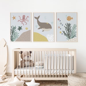 Under the sea nursery set of 3 prints. Whale. Octopus. Seal Life wall art. Baby wall decor. Modern Kids wall art. Nursery. DIGITAL DOWNLOAD