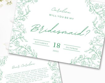 Editable Bridesmaid Proposal Card Template | Will You Be My Bridesmaid Canva Card, Maid of Honor Invite, Hand Drawn Bridal Party Info Card