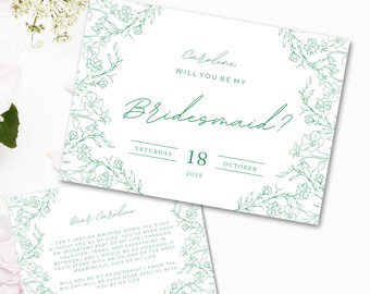 Editable Bridesmaid Proposal Card Template | Will You Be My Bridesmaid Canva Card, Maid of Honor Invite, Hand Drawn Bridal Party Info Card