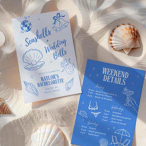 Beach Bachelorette Invites & Itinerary | Seashells and Wedding Bells Editable Canva Template Digital Download, Coastal Last Toast Party