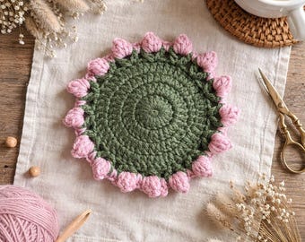 Patrón de posavasos de crochet, patrón de posavasos floral en PDF, posavasos de crochet fácil, patrón de posavasos de crochet con flores, descarga instantánea, regalo para ella