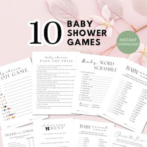 May include: A collection of ten baby shower games, including "Pass the Prize" and "Baby Word Scramble," printed on white paper. The words "Baby Shower Games" are in large black letters. An instant download graphic is in the upper right.