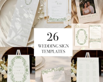 Wedding Signs Template Bundle, Minimalist Green Floral Wedding Welcome Signs Canva Templates, DIY Wedding Stationary, Wedding Decorations