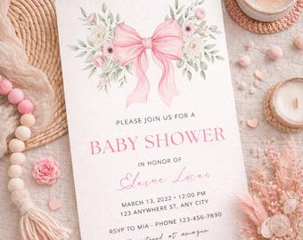 Pink Bow Baby Shower Invitation, Floral Girl Invite, Coquette Baby Shower Invite, Editable Girl Baby Shower Invitation Template Printable