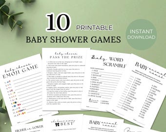 May include: A collection of ten printable baby shower games, including an emoji game, word scramble, and baby animal matching. The games are printed on white paper with black text, and the words "Instant Download" are visible.