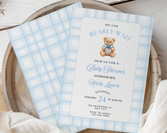 Baby Shower Invitation Template We Can Bearly Wait, Teddy Bear Baby Shower Invite, Bear Theme Baby Shower, Boy Baby Shower, Editable Canva