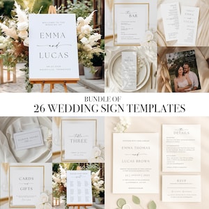 May include: A collection of 26 wedding sign templates. The signs include welcome, bar, menu, table numbers, cards and gifts, seating chart, details, and RSVP. The signs feature elegant fonts and designs, with names and dates.