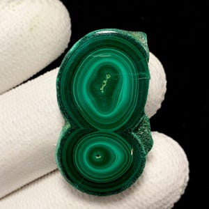 May include: A polished malachite gemstone featuring distinct concentric circular banding in various shades of deep forest green and lighter emerald green. The stone has an elongated, figure-eight shape with a smooth, glossy surface texture.