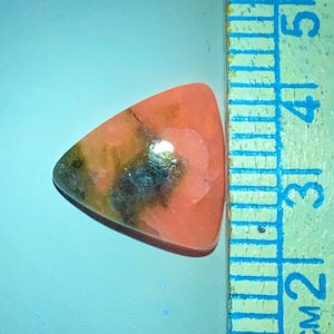 May include: A triangular gemstone with a mix of colors, including peach, brown, and black. The stone is next to a ruler with markings in inches. The gemstone's shape is smooth and polished.