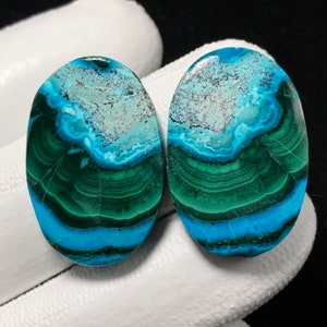 Natural Malachite Chrysocolla Pair, Oval Cabochon, 27x18x4 MM, 43 CTS, Beautiful Cabochon, #11730