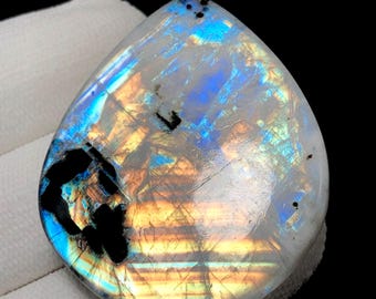 Rainbow Moonstone, Pear Cabochon, 45x37x6 MM, 93 CTS, Beautiful Cabochon, #18979
