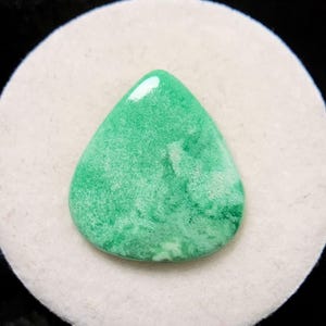 May include: A teardrop-shaped, polished gemstone with a vibrant green hue. The stone has a textured surface with lighter green and white marbling. It is set against a white, circular background, creating a striking contrast.
