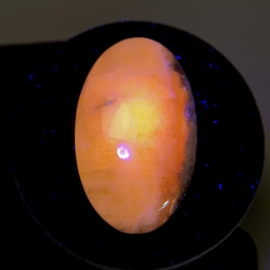 May include: An oval-shaped gemstone with a warm, orange and yellow color palette. The stone has a glowing appearance, with a bright spot in the center. The gemstone is set against a black background, with small blue specks around the edges.