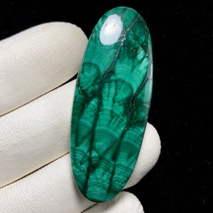 May include: Oval shaped green malachite cabochon with a swirling pattern. The stone has a polished finish and is ready to be set in jewelry.